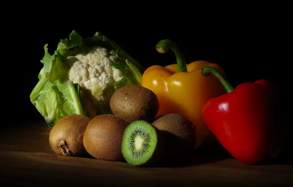 Table, kiwi, pepper, black background, still life, cabbage, Bulgarian, cauliflower