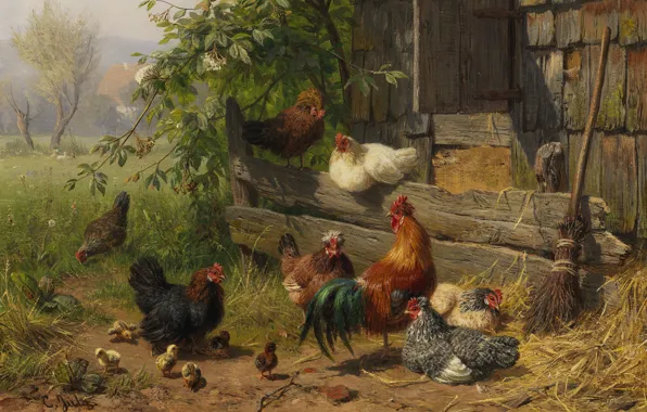 Picture The Poultry Yard, German painter, German painter, The Dusseldorf school of art, Düsseldorf school of …