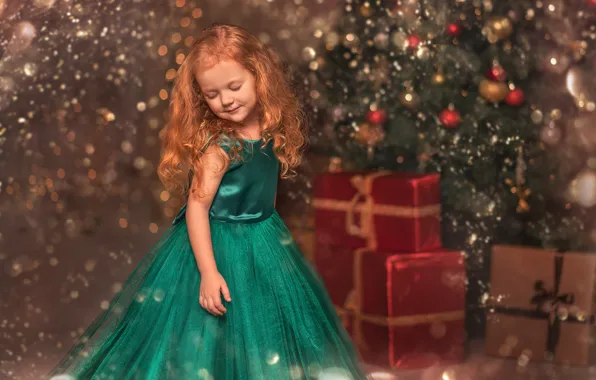 Picture holiday, toys, new year, girl, gifts, tree, child, box