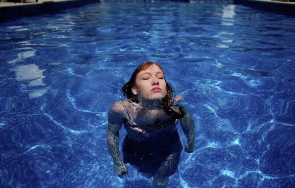 Girl, pool, woman, water, model, face, redhead, female