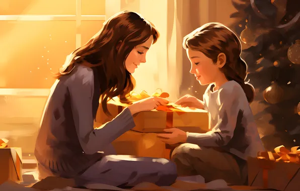 Girl, Smile, Christmas, Girl, New year, Tree, Two, Joy