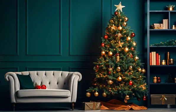 Picture decoration, house, room, balls, tree, interior, New Year, Christmas