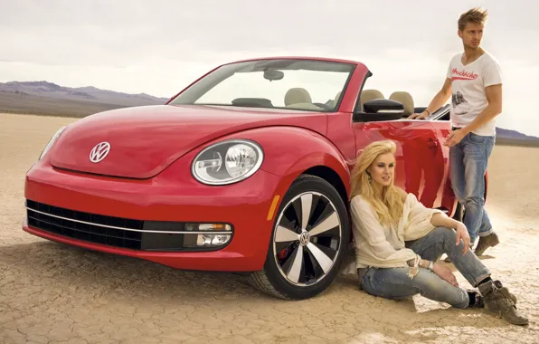 Picture the sky, girl, red, Volkswagen, Beetle, guy, convertible, the front