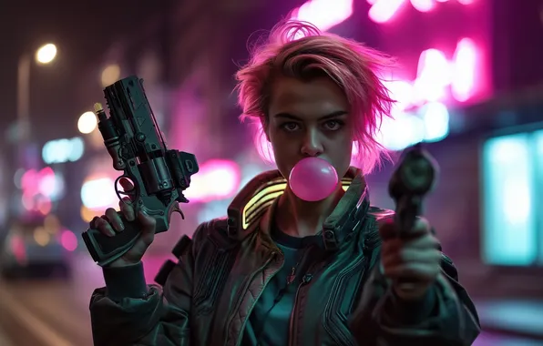 Pink hair, neon, cyberpunk, women, bokeh, cyborg, girls with guns, depth of field