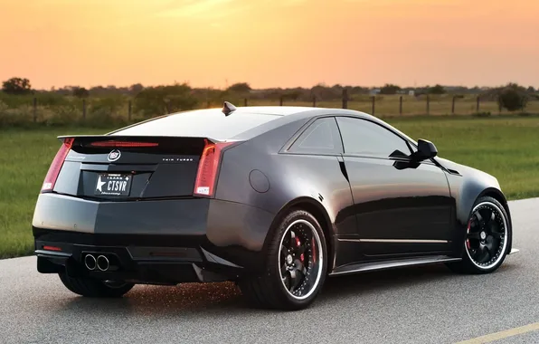 Picture road, field, the sky, black, Cadillac, tuning, rear view, Coupe