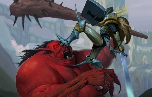 Girl, weapons, monster, sword, shield, stick, Kingdoms of Amalur: Reckoning