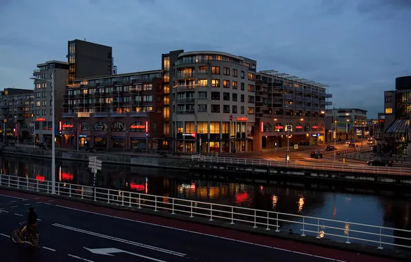 Night, the city, river, photo, home, Netherlands, Alkmaar