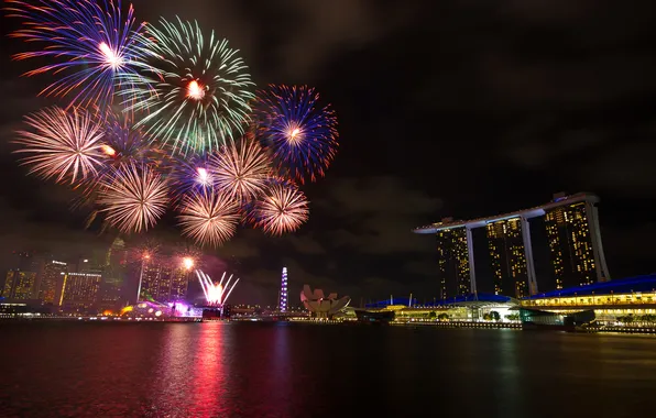 Night, lights, holiday, salute, Singapore, fireworks