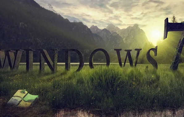 Grass, sunset, mountains, frog, Windows 7, saver, the program