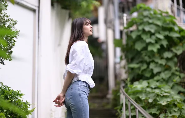 Girl, pose, jeans, blouse, Asian