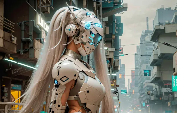 Girl, the city, hair, helmet, cyborg, cyberpunk