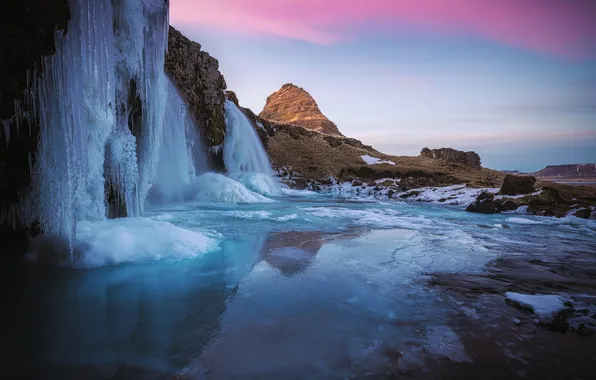 Mountains, waterfall, ice