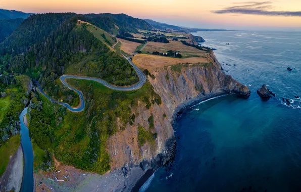 Picture road, sea, forest, trees, view, height, CA