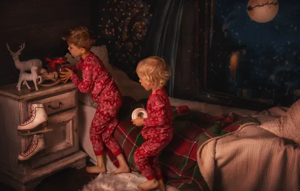 Picture night, children, room, toys, bed, window, Christmas, table, skates, Lisowska Monika