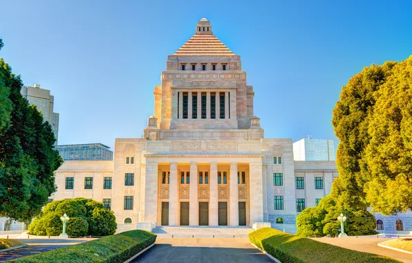 Trees, lawn, architecture, shrub, blue sky, National Diet Building Tokyo, Nagata, Nagata