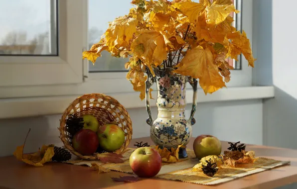 Autumn, leaves, the sun, branches, yellow, table, apples, window