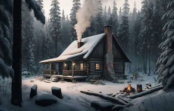 Winter, forest, light, snow, house, glade, smoke, hut