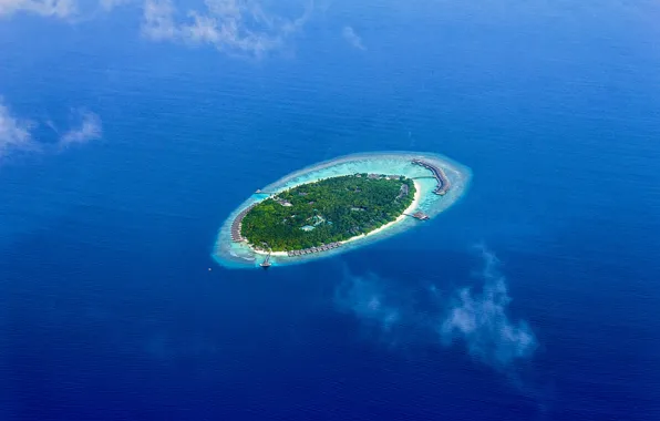 Sea, island, Bungalow, reef, blue water