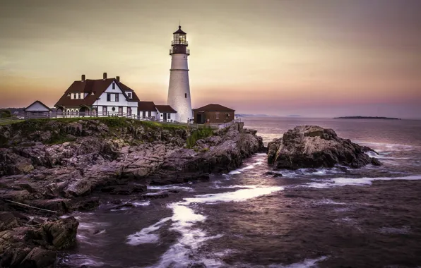 Landscape, sunset, stones, the ocean, lighthouse, home, Portland, USA