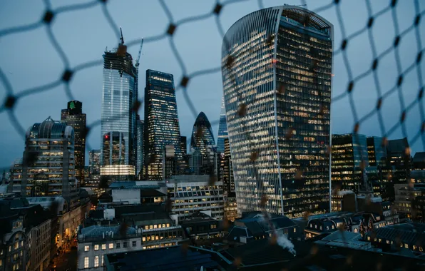 City, lights, evening, fence, London, buildings, architecture, skyscrapers