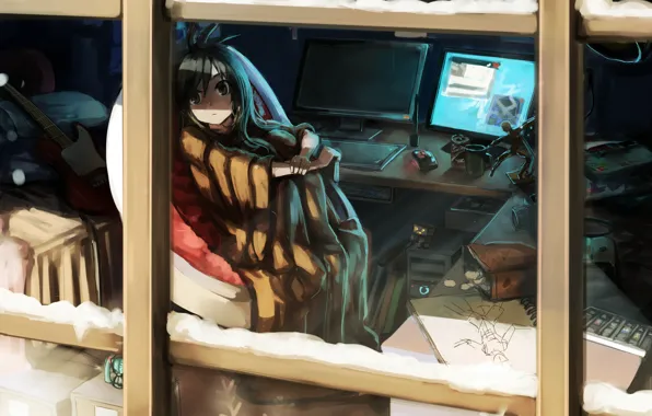 Computer, look, girl, room, window, danbo, art, darkers