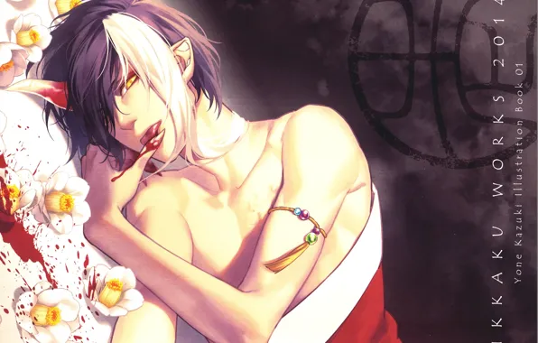 Bracelet, guy, yellow eyes, bangs, stuck out his tongue, Camellia, youkai, the bracelet on her …