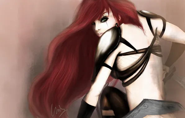 Picture girl, art, daggers, League of Legends, Katarina, from the back