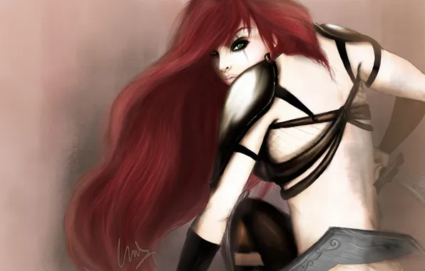 Girl, art, daggers, League of Legends, Katarina, from the back