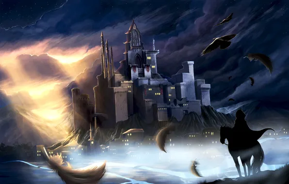 The sky, clouds, birds, fog, river, castle, fiction, horse