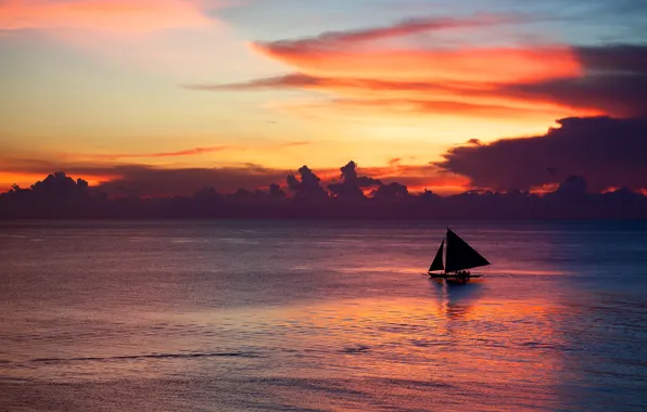 Picture sea, the sky, clouds, landscape, sunset, sailboat