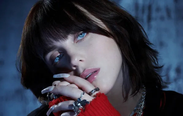 Decoration, close-up, portrait, ring, singer, blue eyes, Billie Eilish, Billy Iles