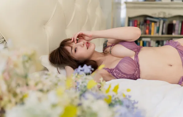 Chest, look, flowers, sexy, pose, model, body, panties