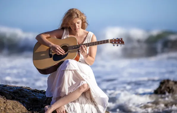 Sea, girl, music, guitar
