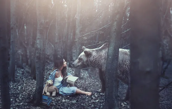 Forest, look, girl, light, trees, branches, nature, pose