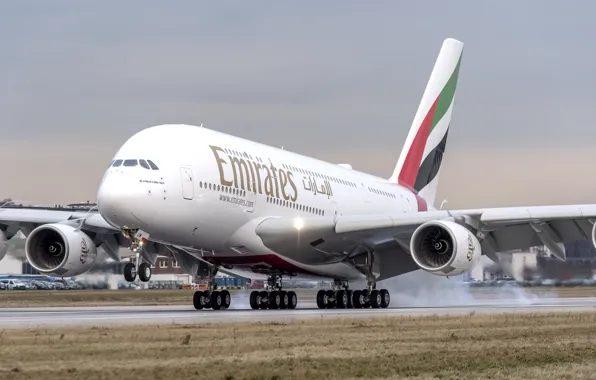 Smoke, A380, Landing, Airbus, WFP, Chassis, Airbus A380, Emirates Airlines