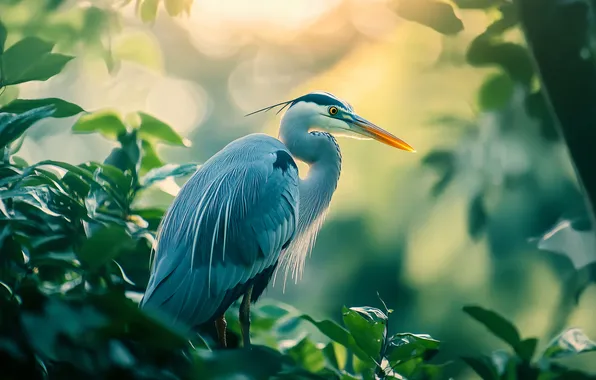 Leaves, light, branches, bird, Heron, bokeh, AI art, neural network