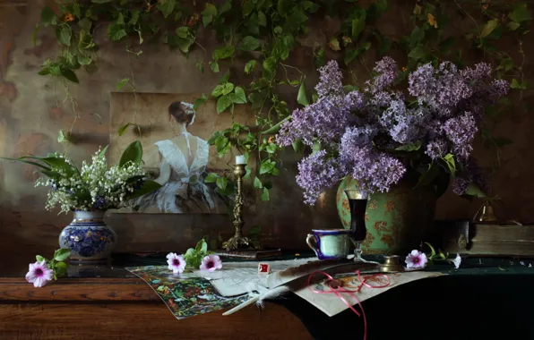 Wallpaper vase, picture, lilac, ring, lilies of the valley, feathers, paper