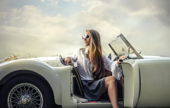 Machine, girl, pose, makeup, glasses, hairstyle, outfit