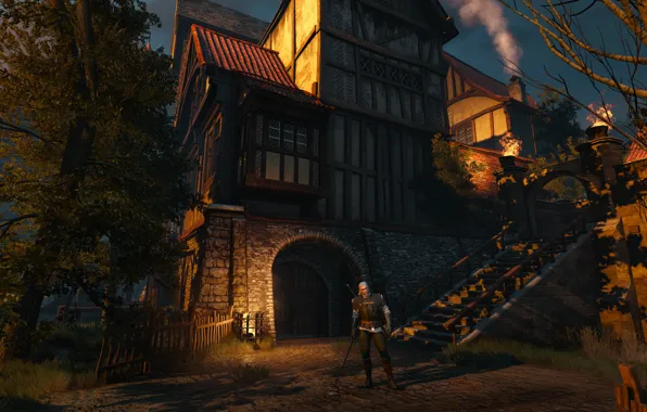 The city, Sword, Warrior, Armor, the middle ages, The Witcher, The Witcher, Geralt