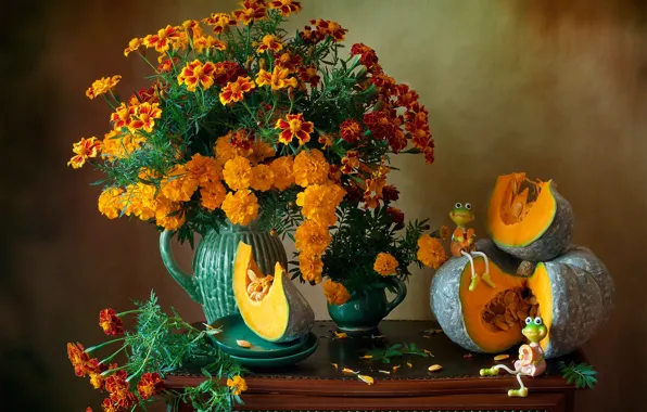 Picture flowers, frogs, mug, pumpkin, plates, pitcher, still life, table