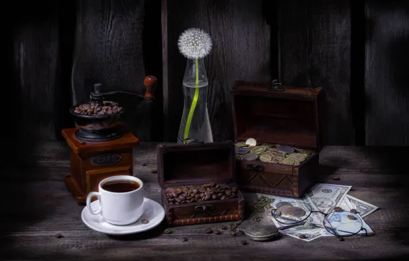Coffee, money, still life, coffee beans, coffee grinder, box