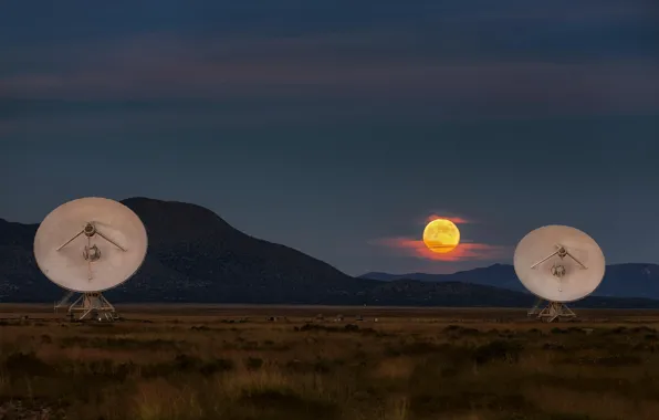 Landscape, sunset, mountains, the moon, twilight, radio telescope