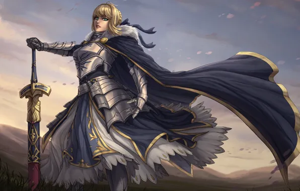 Girl, the wind, sword, dress, blonde, cloak, Fate/stay night, saber