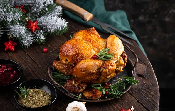 Greens, branches, table, Board, chicken, Christmas, meat, New year