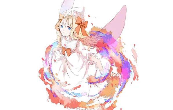 White background, blue eyes, bow, wings, white dress, cap, touhou, art