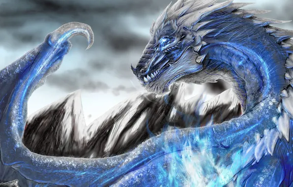 Picture cold, mountains, blue, magic, dragon, monster, art