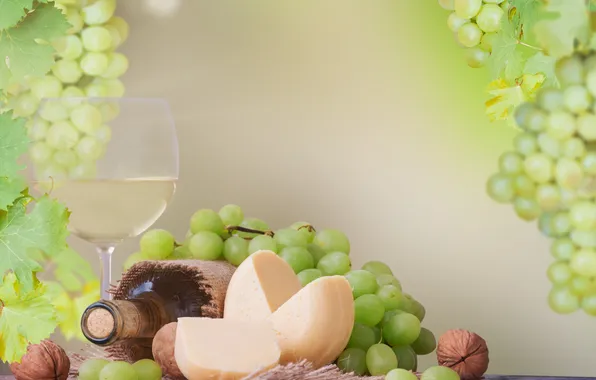 White, leaves, wine, glass, bottle, cheese, grapes, walnuts