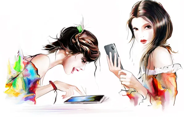 Picture look, brown-haired women, phones, drawn girls