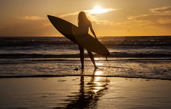 Picture sea, girl, sunset, sport, Board