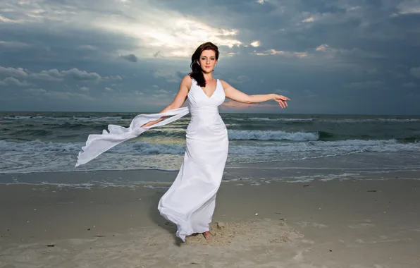 Picture sea, the sky, girl, face, the wind, dress
